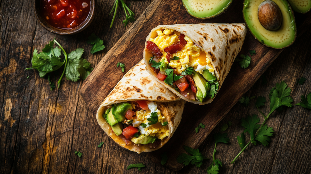 Delicious breakfast burrito recipe sliced in half with eggs, cheese, bacon, and avocado