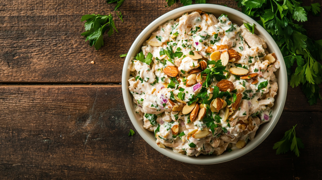 Classic chicken salad recipe with grapes, almonds, and fresh greens in a bowl.