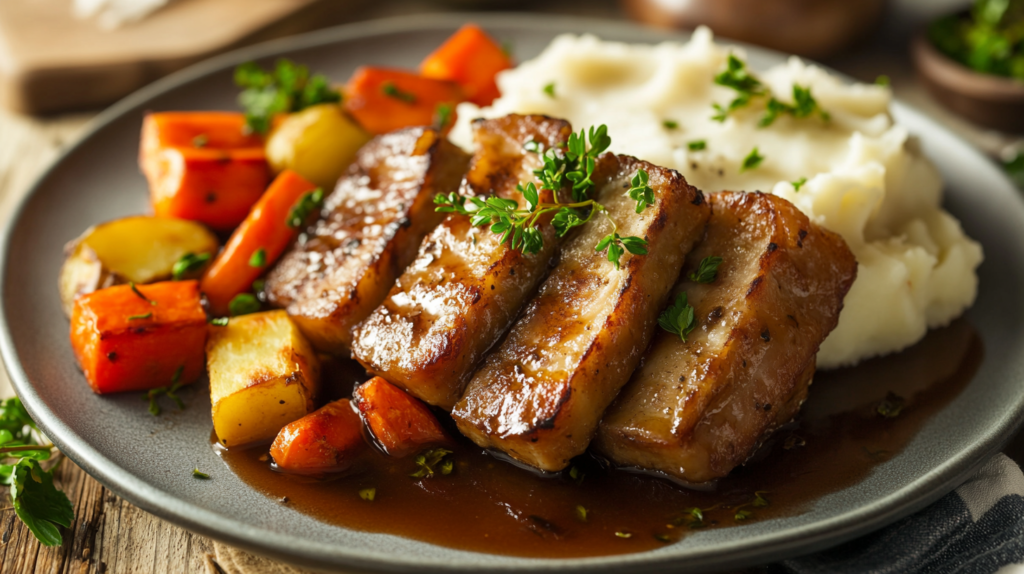 A delicious vegan seitan dish with roasted vegetables and mashed potatoes, garnished with fresh herbs.