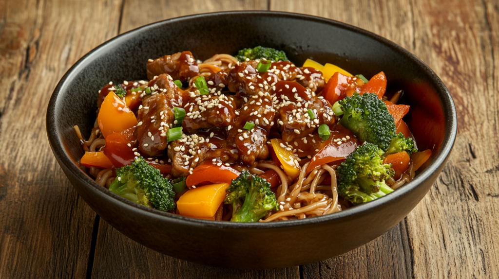 A bowl of colorful seitan noodles stir-fry with vegetables, garnished with sesame seeds and green onions.