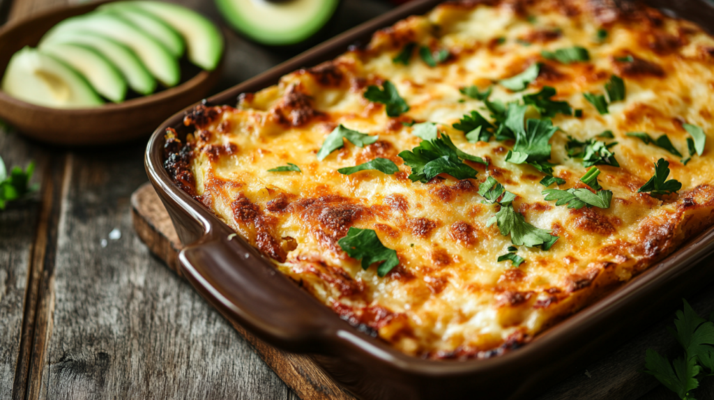 Golden halal breakfast casserole with hash browns, cheese, and fresh herbs.