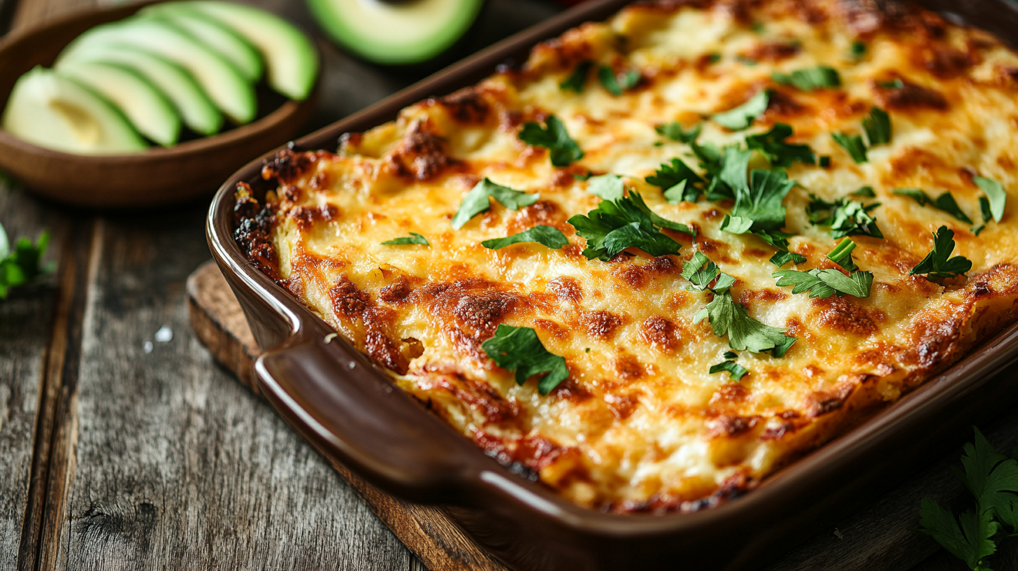 Golden halal breakfast casserole with hash browns, cheese, and fresh herbs.
