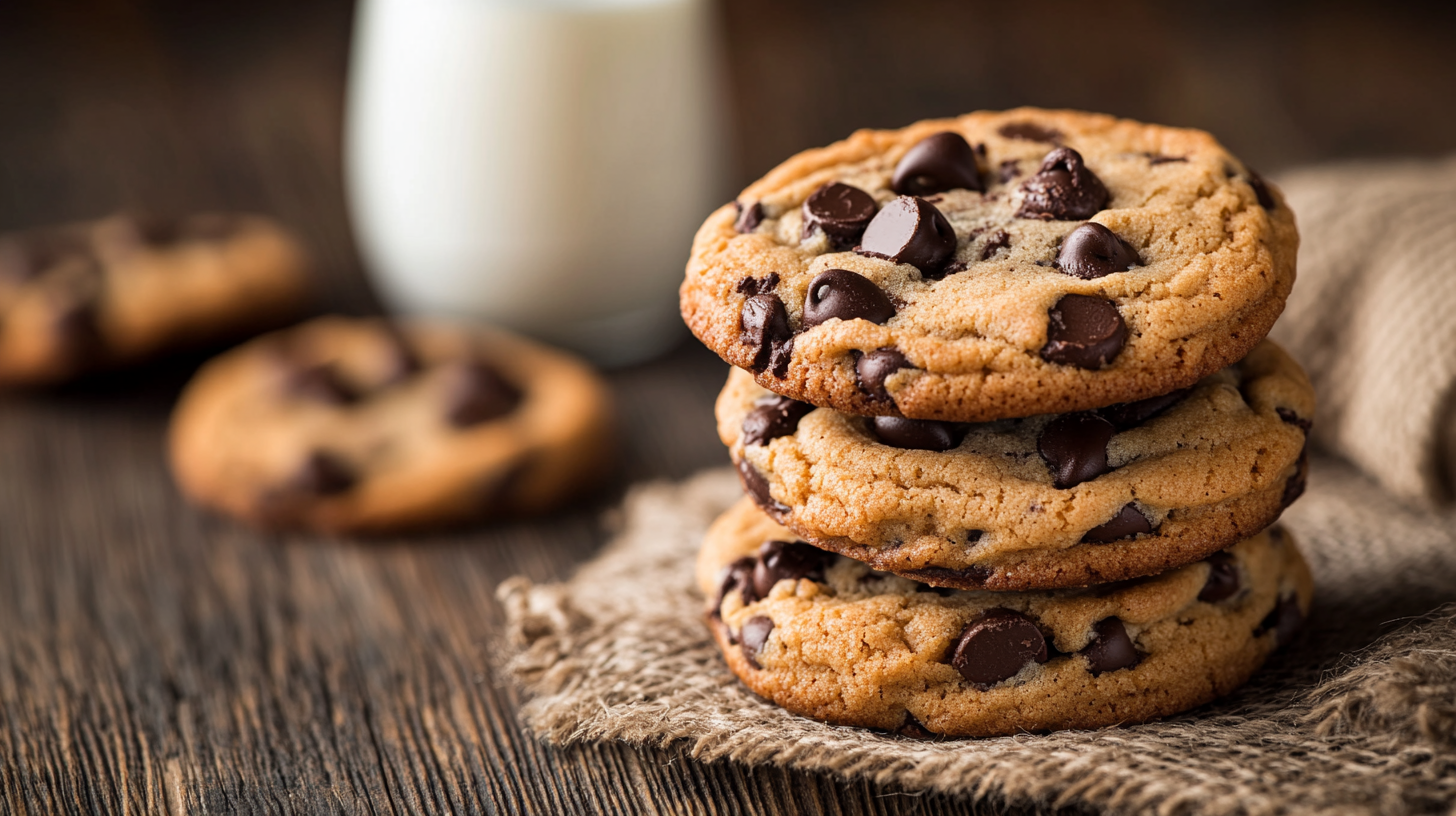 Freshly baked chocolate chip cookies with melted chocolate chips.