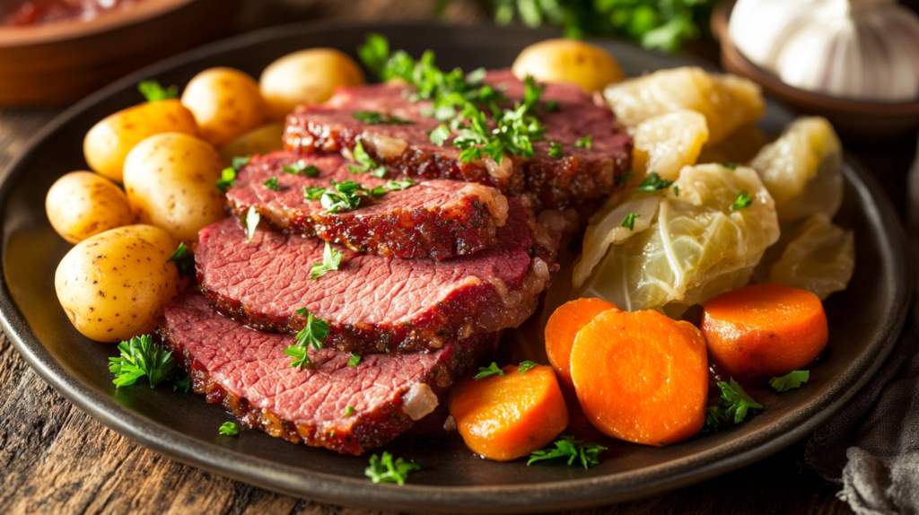Traditional Corned Beef and Cabbage dish with tender beef, potatoes, carrots, and cabbage