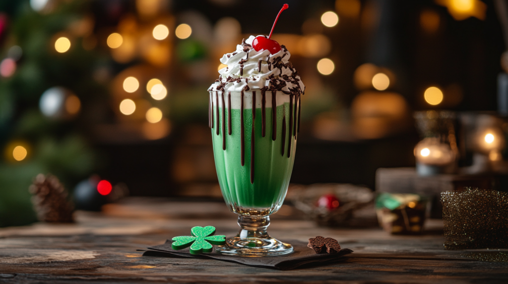 Vibrant green Shamrock Shake with whipped cream and chocolate drizzle in a tall glass.