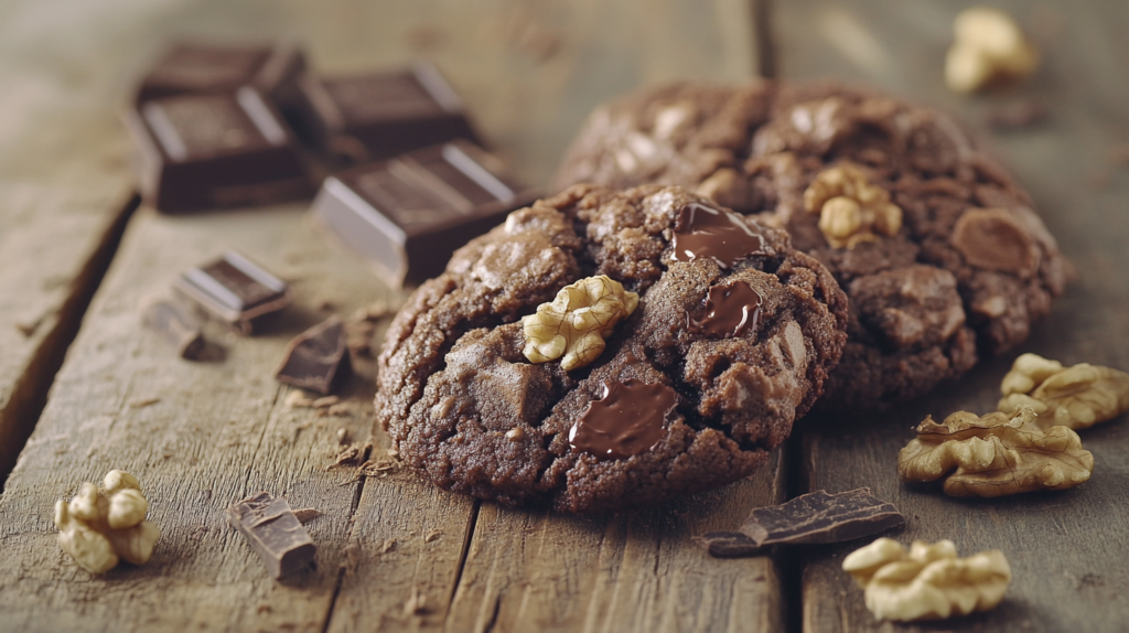 Homemade choc and nut cookies with melted chocolate on wooden board