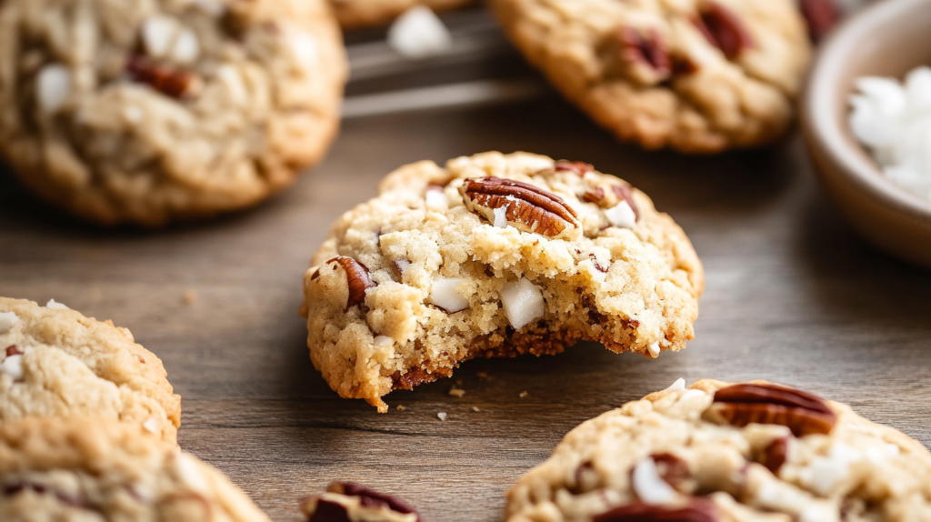 Homemade coconut pecan cookies with toasted pecans and shredded coconut