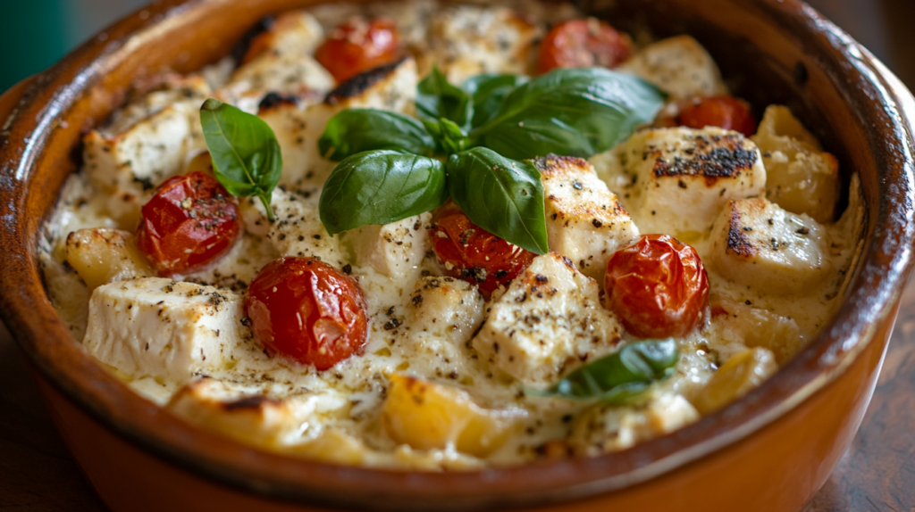 Creamy baked feta pasta with chicken in a white dish, topped with basil