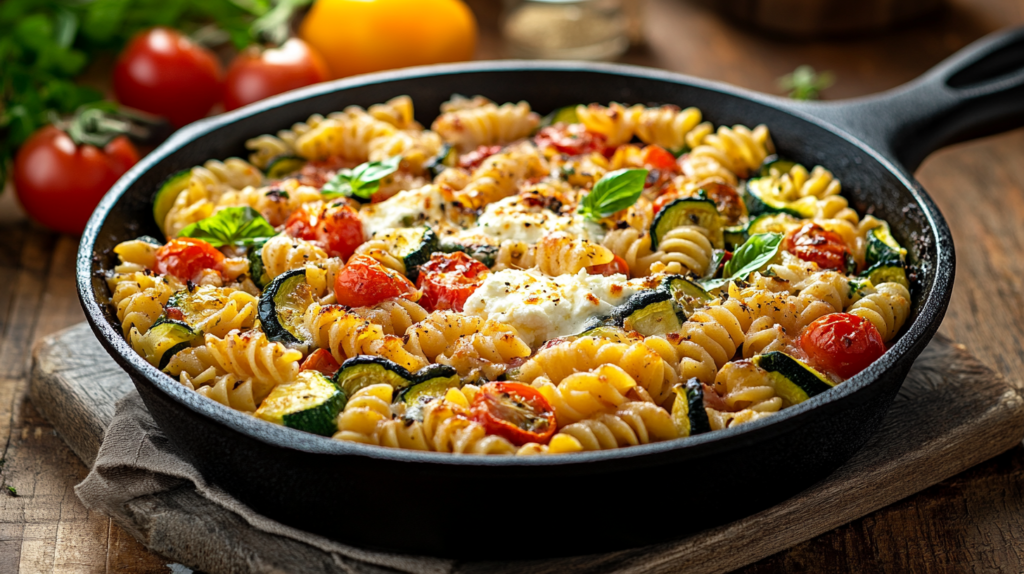 Creamy baked feta cheese pasta with roasted vegetables in skillet