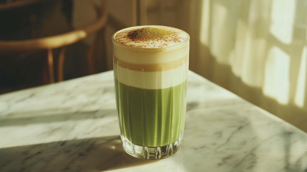 Iced Dalgona Matcha Latte in a glass with layered matcha, milk, and whipped coffee foam