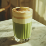 Iced Dalgona Matcha Latte in a glass with layered matcha, milk, and whipped coffee foam