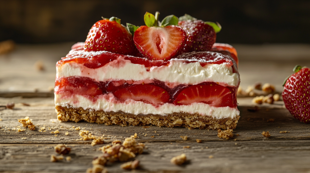 Old fashioned strawberry pretzel salad slice showing layers of pretzel crust, cream cheese, and strawberry gelatin