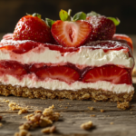 Old fashioned strawberry pretzel salad slice showing layers of pretzel crust, cream cheese, and strawberry gelatin