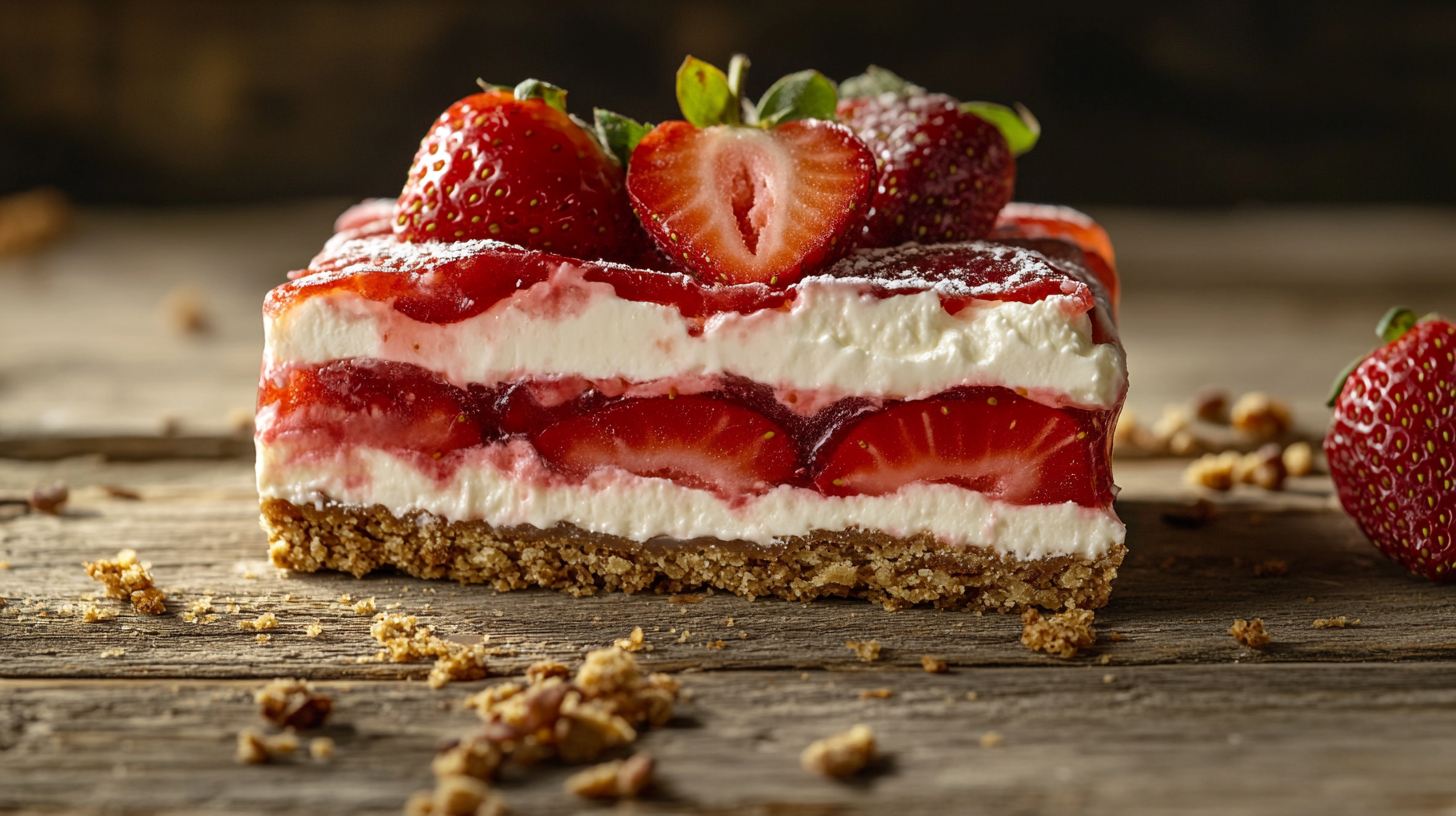 Old fashioned strawberry pretzel salad slice showing layers of pretzel crust, cream cheese, and strawberry gelatin