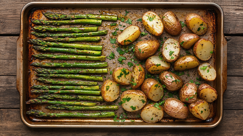 Perfectly roasted potatoes and asparagus in oven on baking sheet