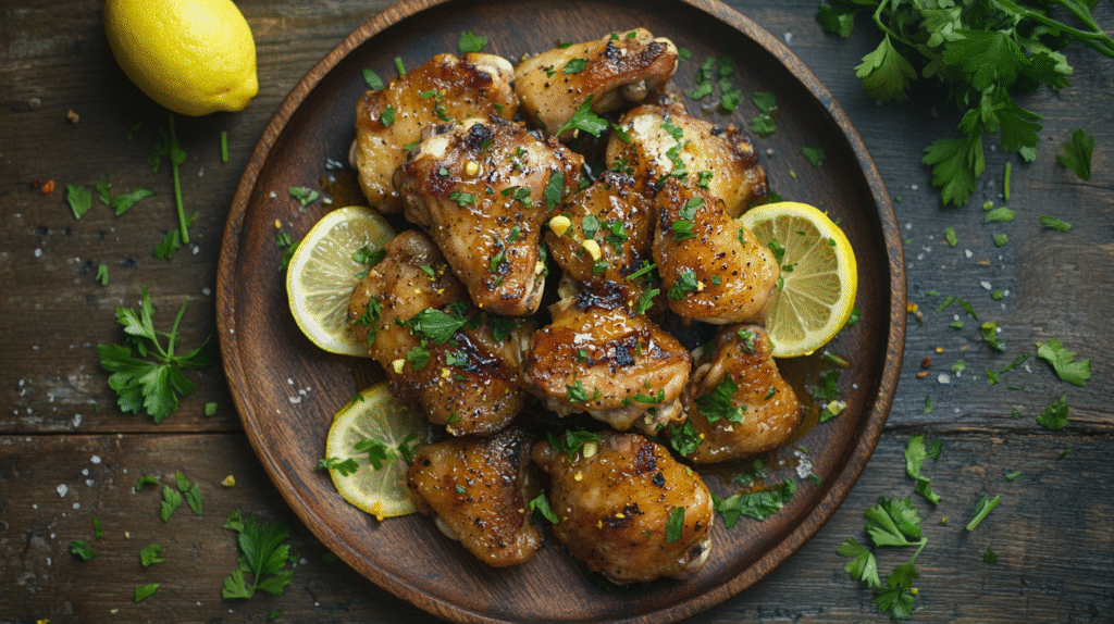 Crispy honey garlic lemon pepper chicken thighs with lemon garnish