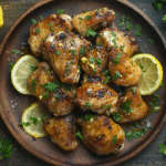Crispy honey garlic lemon pepper chicken thighs with lemon garnish