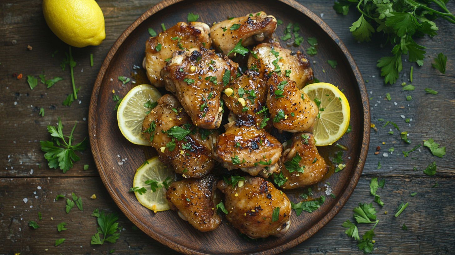 Crispy honey garlic lemon pepper chicken thighs with lemon garnish