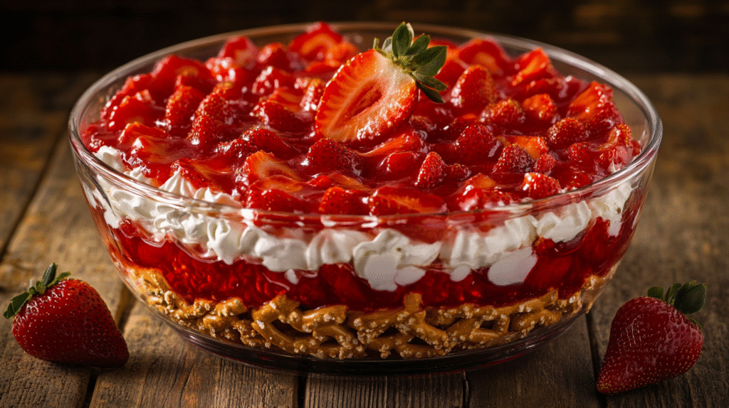 Vintage strawberry pretzel salad with perfect layers in glass dish