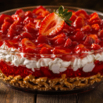 Vintage strawberry pretzel salad with perfect layers in glass dish