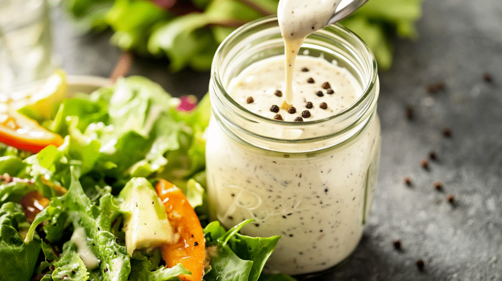 Homemade peppercorn ranch dressing drizzled over fresh salad