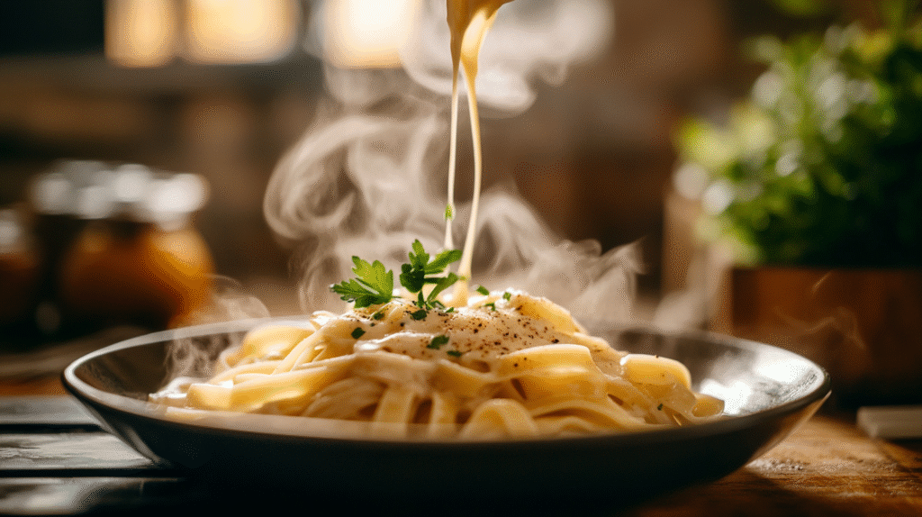 Creamy garlic and herb butter sauce coating fettuccine pasta