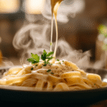 Creamy garlic and herb butter sauce coating fettuccine pasta