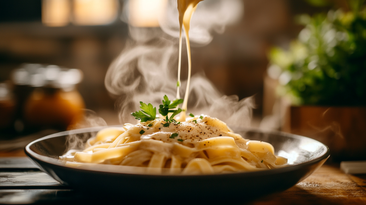 Creamy garlic and herb butter sauce coating fettuccine pasta